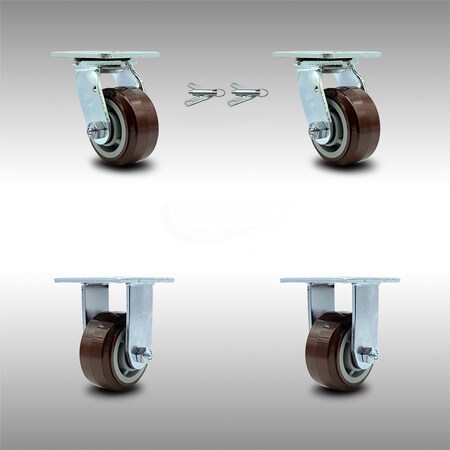 Service Caster 4 Inch SS Polyurethane Caster Set with Ball Bearings 2 Swivel Lock 2 Rigid SCC SCC-SS30S420-PPUB-BSL-2-R-2